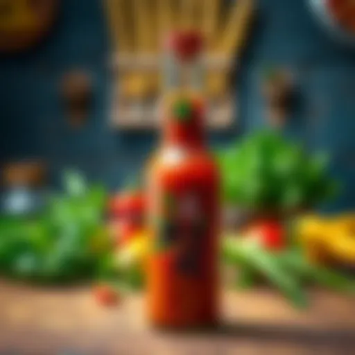 A vibrant bottle of Gachiakuta sauce on a wooden table surrounded by fresh ingredients.
