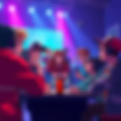 A group of fans discussing the power of gag abilities in battle matchups, with a focus on takaba, featuring animated characters and vibrant colors.