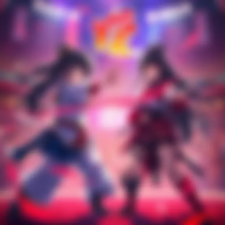 Gaia and Amanai Yuu face off in a fighting arena, showcasing their unique styles. Gaia embodies love and strength while Amanai Yuu stands ready with weapons. The background illustrates a tournament setting with spectators.
