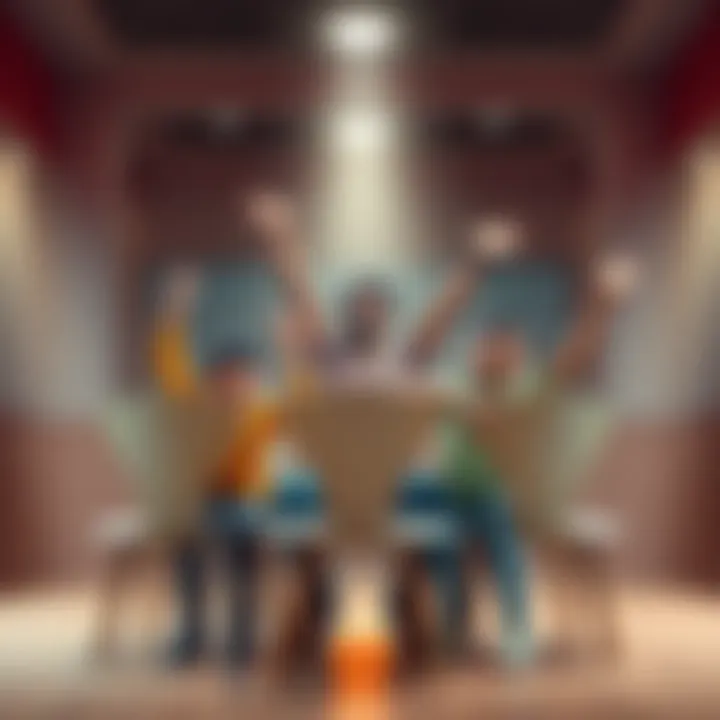 Gajeel joyfully celebrates with five kids around three chairs, showcasing playful interaction after winning a meme challenge.