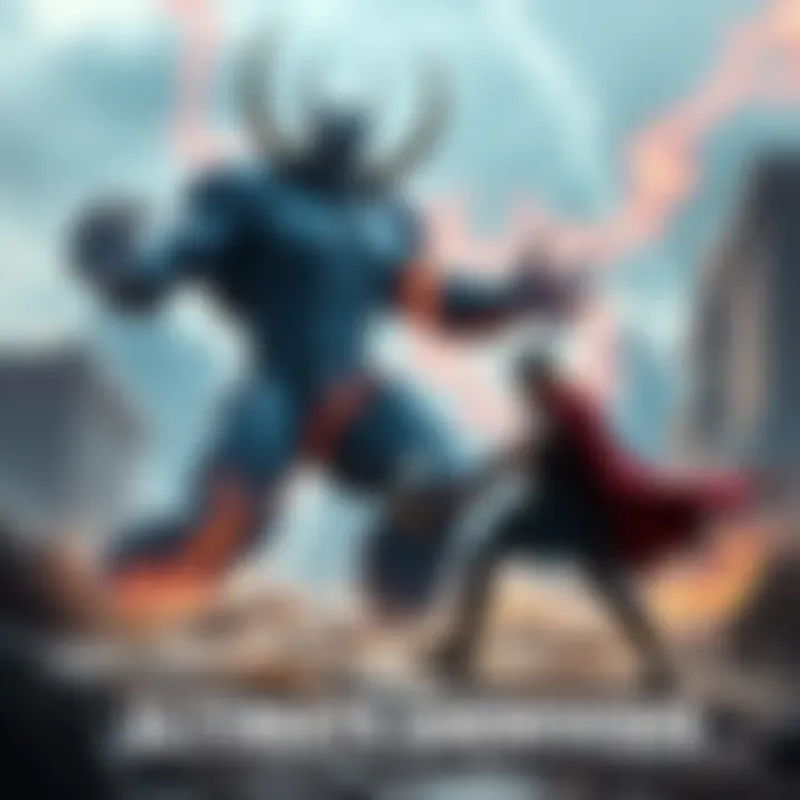 Galactus, a giant cosmic being, faces off against Rune King Thor, who wields the powers of Odin. They stand on a rocky battlefield, energy crackling in the air as they prepare to fight.