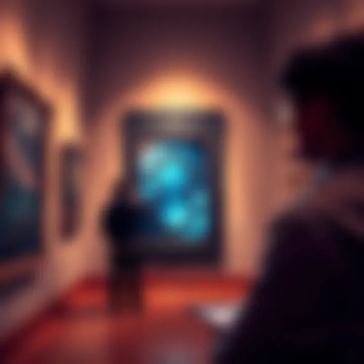 A person closely looking at a mysterious panel in an art gallery, trying to identify its origins