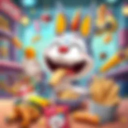 Gamatatsu enjoying snacks Gamatatsu, a humorous character, happily eating various snacks with a joyful expression.