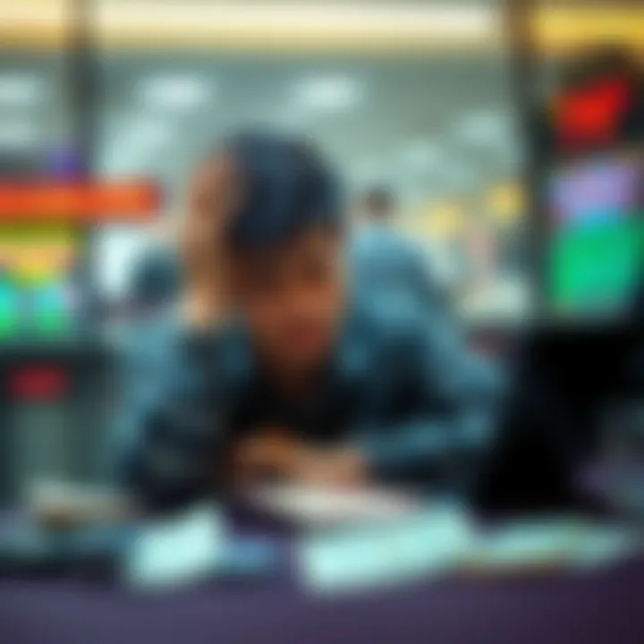 A person sitting at a table with bills and a gambling ticket, looking worried and conflicted, showing the emotional impact of addiction on finances.
