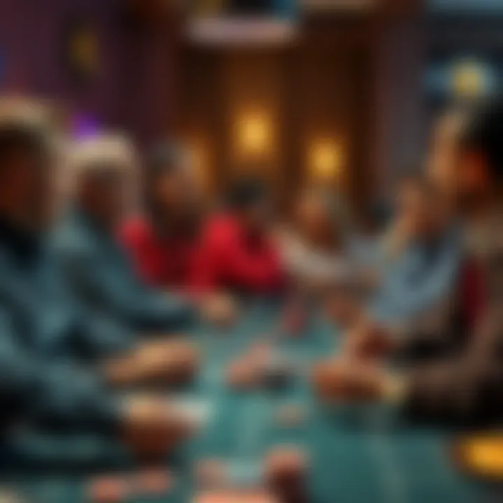 A group of gamblers gathered around a table, discussing strategies and the upcoming release of the Ex. They are showing excitement and anticipation, with chips and cards scattered on the table.