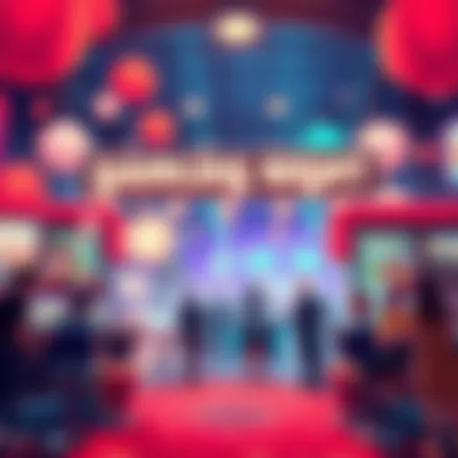 A lively gambling event featuring games, colorful chips, and banners for Kirara, with people enjoying the atmosphere.