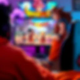 Gamer enjoying Dragon Ball A gamer focused on a screen displaying Dragon Ball characters and scenes, surrounded by gaming gear.