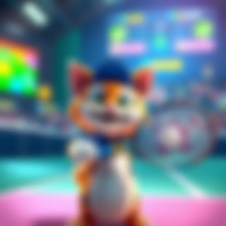 A cartoon cat character holding a tennis racket, ready to play in a Mario Tennis Tournament setting with colorful graphics.