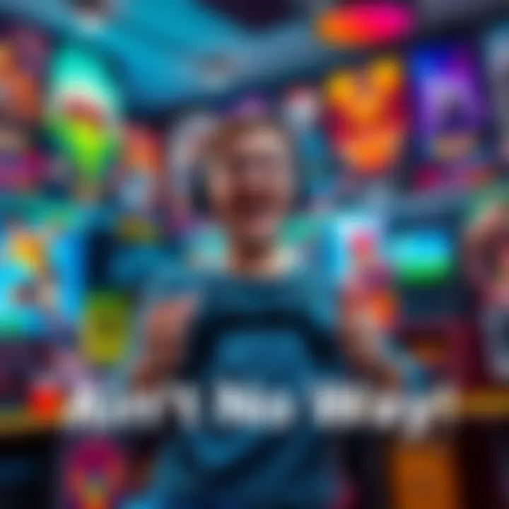 A gamer shows excitement with a big smile while holding a game controller, surrounded by gaming posters and merchandise in a colorful room.