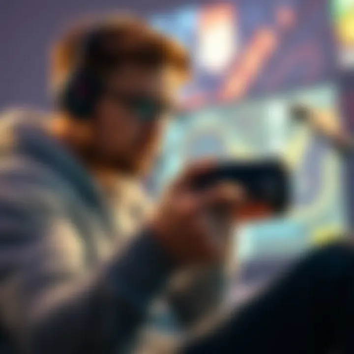 A gamer analyzing two video games, Connections and Storm 4, discussing their features and gameplay mechanics with a game controller in hand.