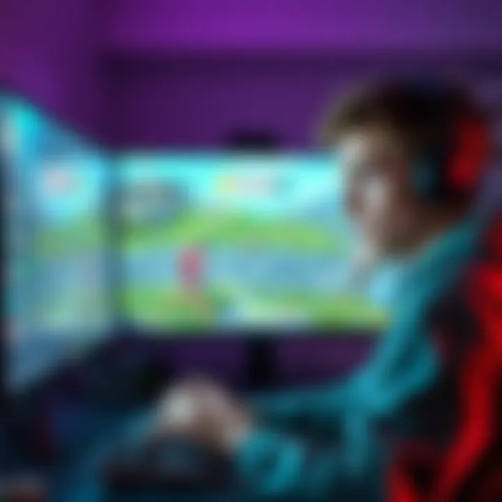 Gamer Expressing Disappointment A gamer sitting in front of a computer, looking frustrated while playing a video game, with a scene depicting online play on the screen.