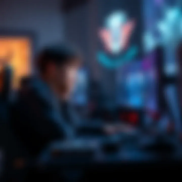 A gamer sitting at a desk, looking frustrated at their computer screen, showing a gaming setup with high-ranked players on the screen.