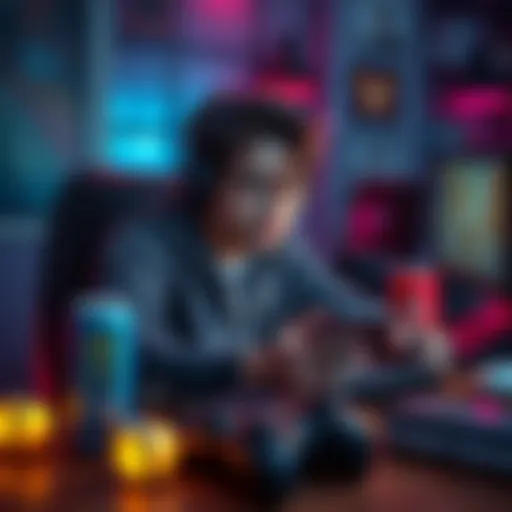 A gamer sitting at a desk, looking tired and frustrated while playing a mobile game, surrounded by energy drink cans and gaming accessories