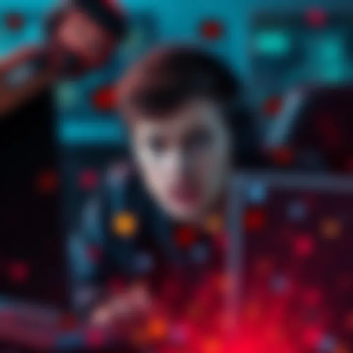A gamer looks upset while playing on a computer, surrounded by chaotic game graphics and symbols of hacking.