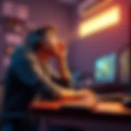 A gamer sits at a desk, visibly upset with an empty wallet beside them, looking towards the ceiling as if seeking help from above.