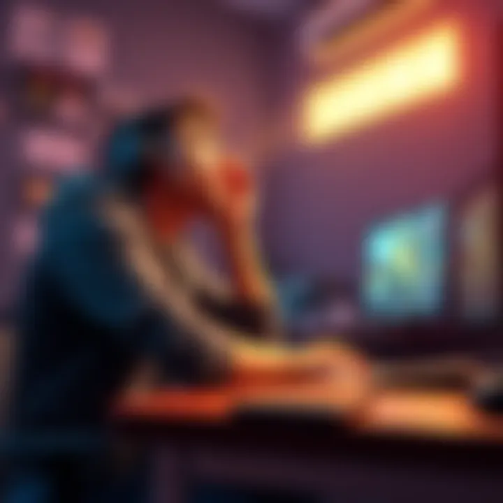 Gamer in Tears A gamer sits at a desk, visibly upset with an empty wallet beside them, looking towards the ceiling as if seeking help from above.