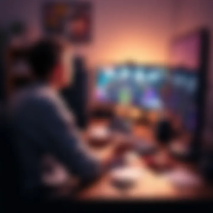 A frustrated gamer sitting at a desk with a game controller, looking at a computer screen displaying gameplay, with notes and snacks scattered around