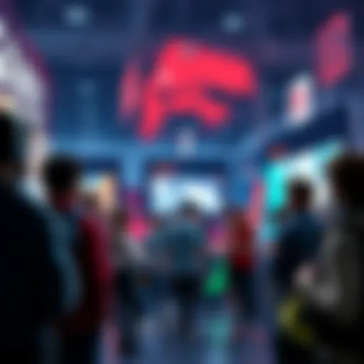 A group of gamers chatting about their favorite non-existent game sequels at a gaming convention