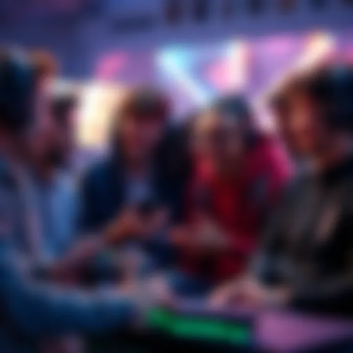 Group of gamers gathered, discussing their thoughts on a new gaming unit, showcasing joy and enthusiasm.