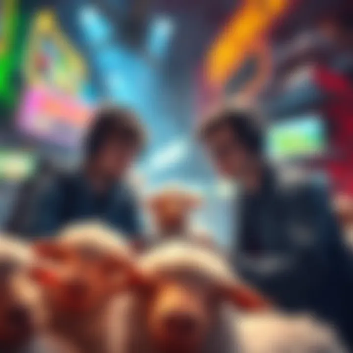 Two gamers are focused on completing sheep challenges in a colorful game environment, with sheep characters surrounding them.