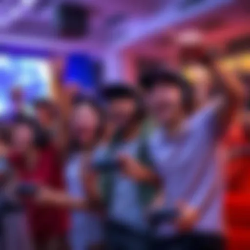 A group of gamers excitedly reacting to the return of a popular event, with gaming consoles and controllers in hand.