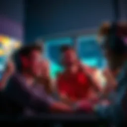 A group of gamers enjoying a lively gaming session, showing excitement and camaraderie.