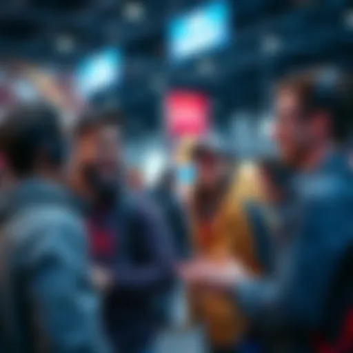 A group of gamers discussing a niche game at a convention, smiling and engaging with each other