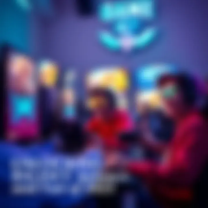 A group of gamers happily playing a balanced video game on multiple screens, showcasing excitement and teamwork.