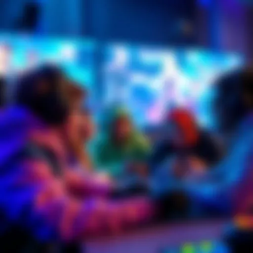 A group of gamers intensely playing in a virtual world, interacting with characters and each other, surrounded by colorful game graphics.