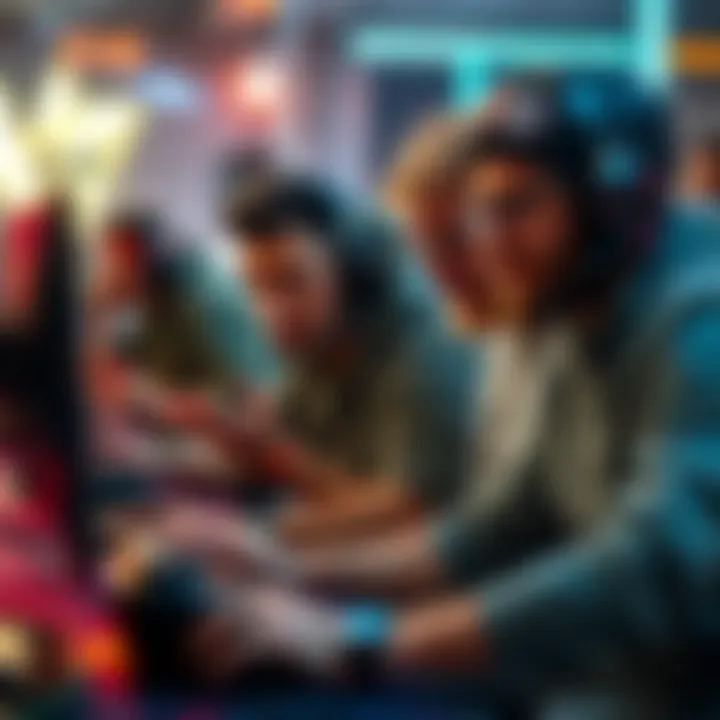 Gamers strategizing during gameplay A group of gamers discussing strategies while playing a competitive video game, with intense expressions and various gaming gear visible.