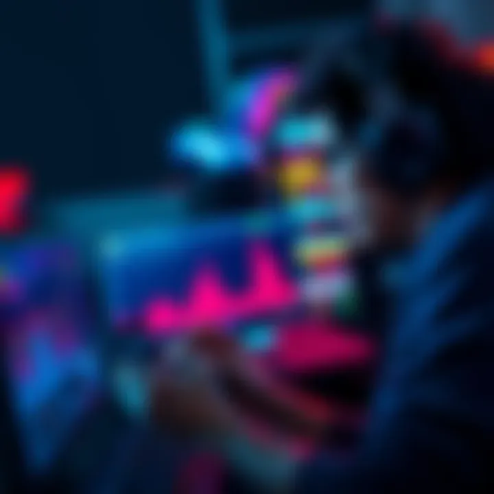 A gamer examining performance metrics on a screen while using a headset and controller, focusing on game strategies.