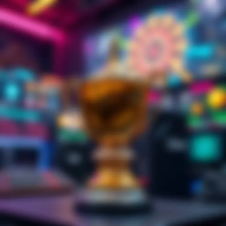 A close-up of a shiny trophy symbolizing the championship title in gaming, with a vibrant gaming backdrop
