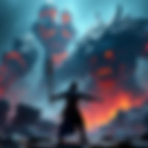 A fierce gaming character facing a large, surprising enemy in an intense battle scene, resembling a guardian ape from a popular game