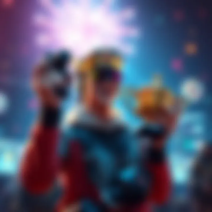 A skilled gamer celebrating reaching God rank with a trophy and vibrant background