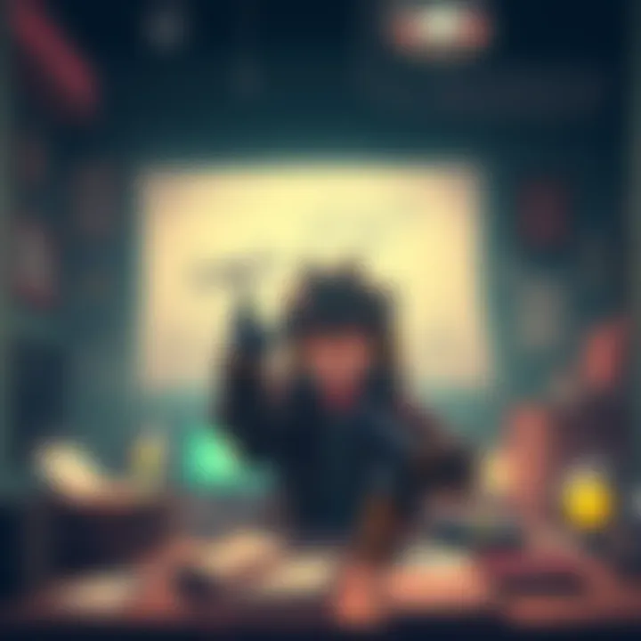 A creative illustration showing a character designing a gaming cursed technique, surrounded by game elements and sketches, with a vibrant gaming atmosphere.