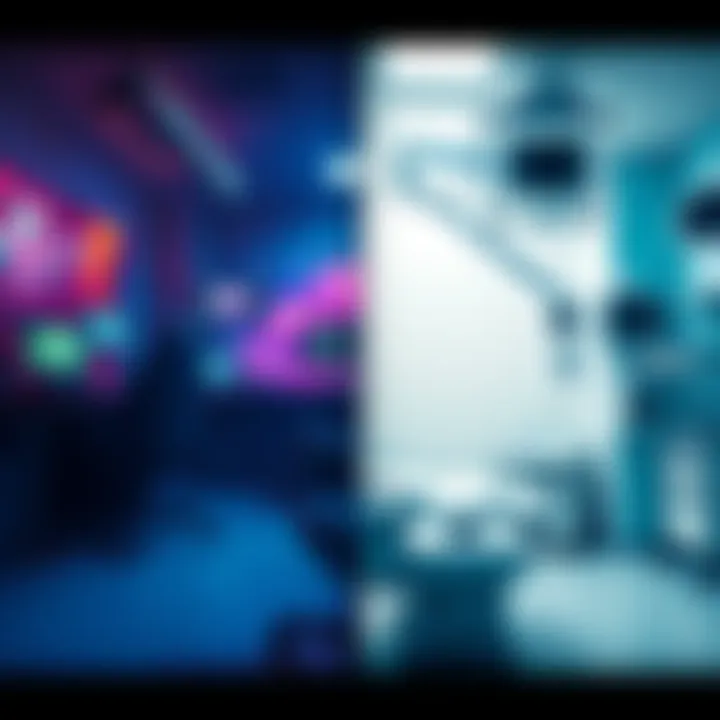 A split image showing a vibrant gaming scene on one side and a hospital room with medical equipment on the other, highlighting the divide between gaming advancements and healthcare needs.