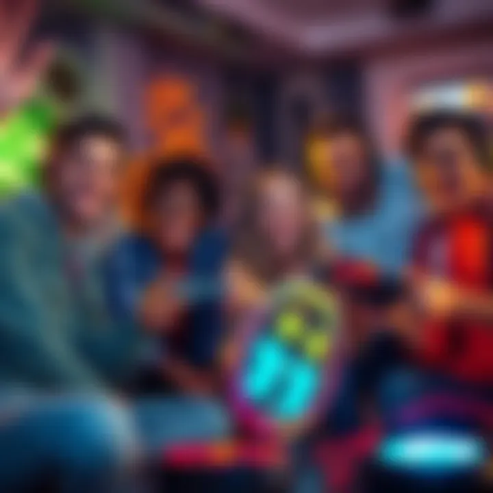 A group of friends playing video games together, celebrating a new release with excitement and joy.
