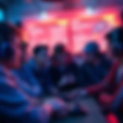 A group of gamers discussing strategies while looking at screens showing game rules and copy usage after five minutes