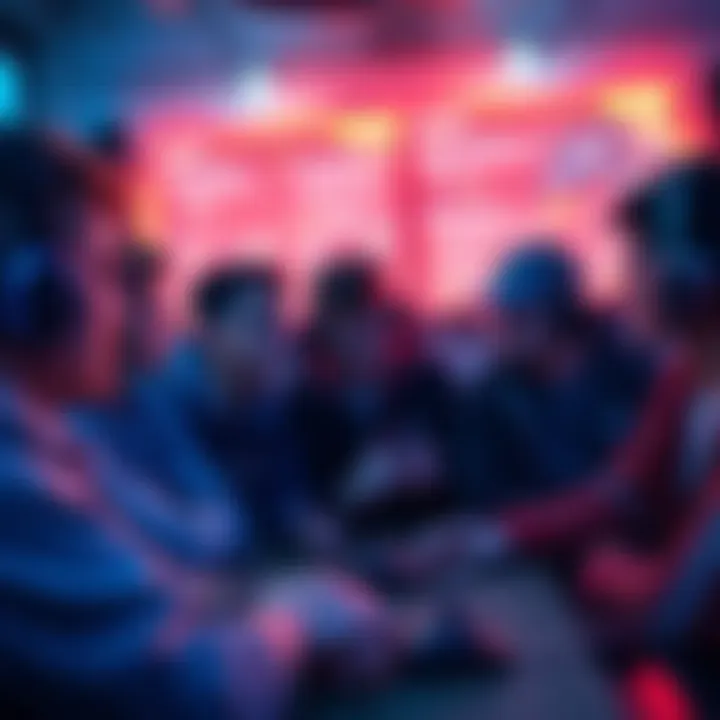 A group of gamers discussing strategies while looking at screens showing game rules and copy usage after five minutes