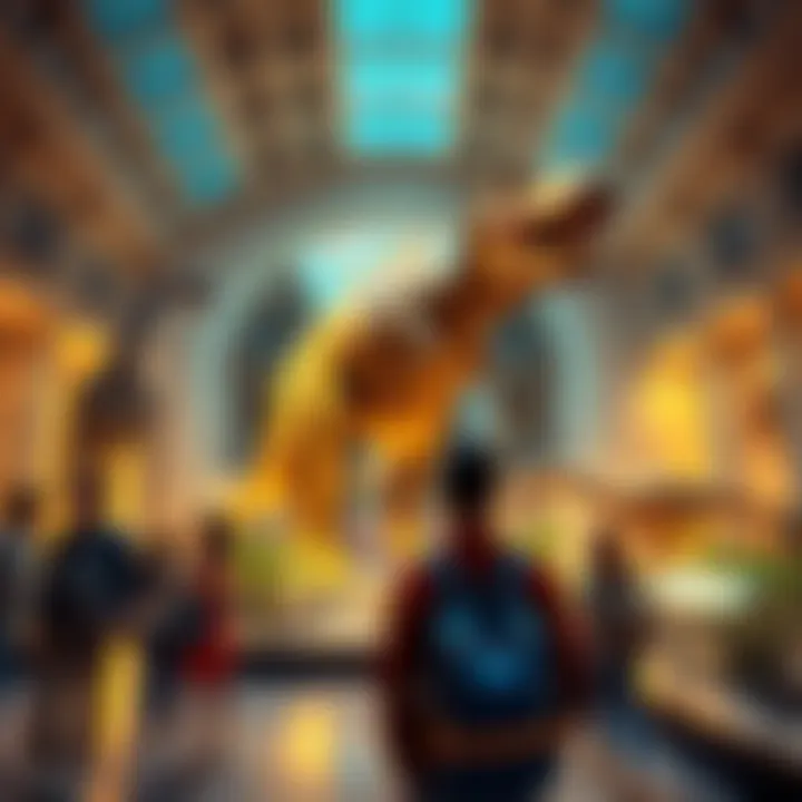 A group of people interacting with dinosaur exhibits in the Smithsonian Museum of Natural History