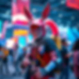 A person showcasing a Gappy cosplay with various creative accessories and enhancements, engaging with fans at a convention.