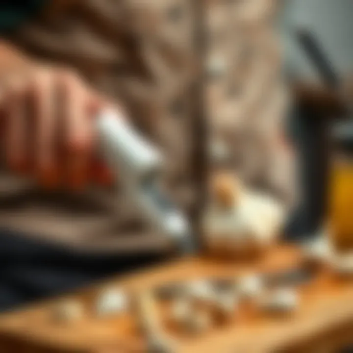 A person using the Garlic Gun to mince garlic quickly, showing the tool and fresh garlic cloves on a cutting board.