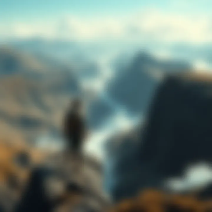 A scene depicting Garling standing at the edge of a cliff overlooking a mysterious valley with waves crashing below.