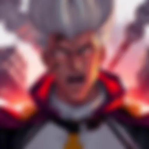 A slide showing Garou's character design for the live action adaptation of One Punch Man Season 3 on Netflix, showcasing his fierce expression and unique outfit.