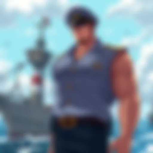 Garp, a muscular marine in a military uniform, stands confidently, with a serious expression, against a backdrop of the sea and ships, symbolizing his complex role in One Piece.