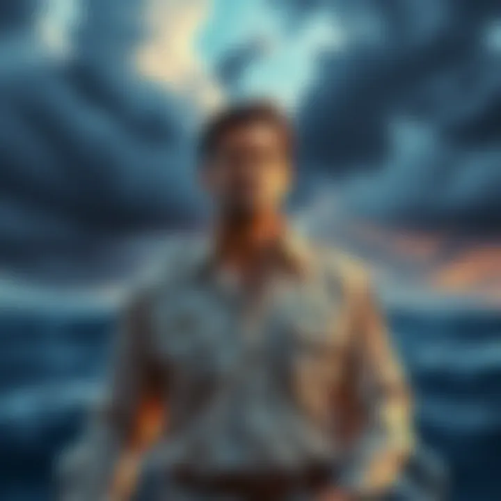 Garp stands conflicted, pondering whether to save Ace, with a backdrop of the ocean and stormy skies symbolizing duty versus family.