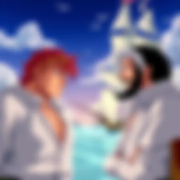 Garp looks stern while Sengoku appears contemplative as they discuss Shanks' background, with a backdrop of a pirate ship on the ocean.