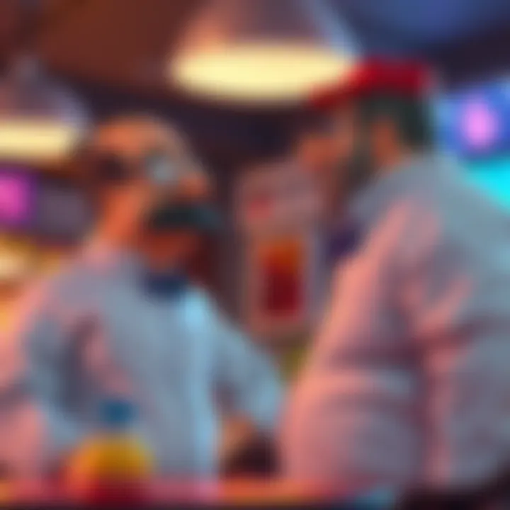Garp and Zeff having a serious conversation in a lively setting, highlighting their expressions and body language as they engage in dialogue.