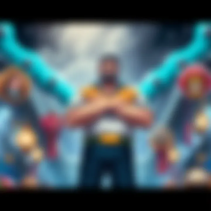 Garp's Character Redemption A determined character named Garp stands confidently, surrounded by symbols of his past and future, showcasing his journey of redemption.