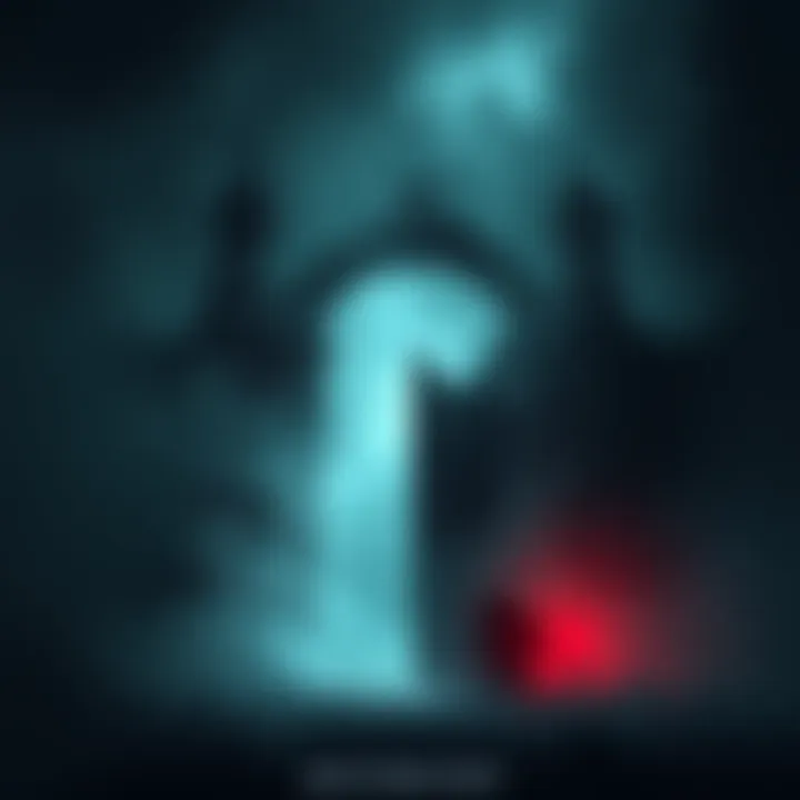 A dark, foreboding gate shrouded in mist, symbolizing the concept of painful death, with shadows lurking near by.